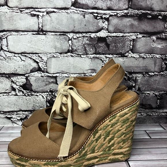 Tory Burch Brown Canvas Textile Green Tan Espadrilles Wedge Women Sz 10M US/41EU - Picture 8 of 16